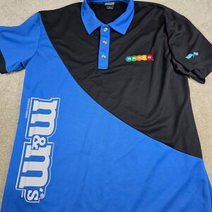 Bishop M&M's Polo Shirt Mens Large Blue Black Racing Graphic Polyester Short Slv